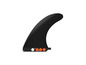 Une aileron de surf noir avec des points de fixation orange.
