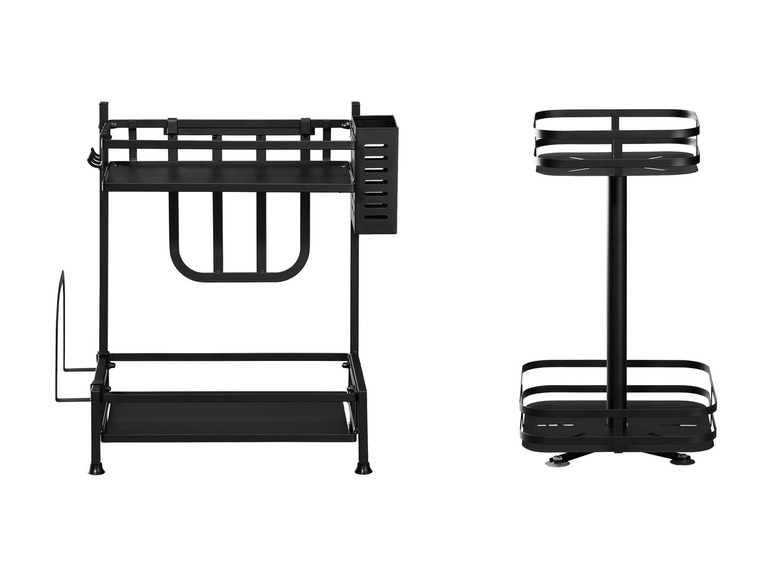 Deux étagères de rangement en métal noir pour la cuisine.