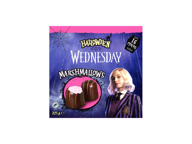 Paquet de guimauves d'Halloween sur le thème de Wednesday, 16 pièces et 225g.