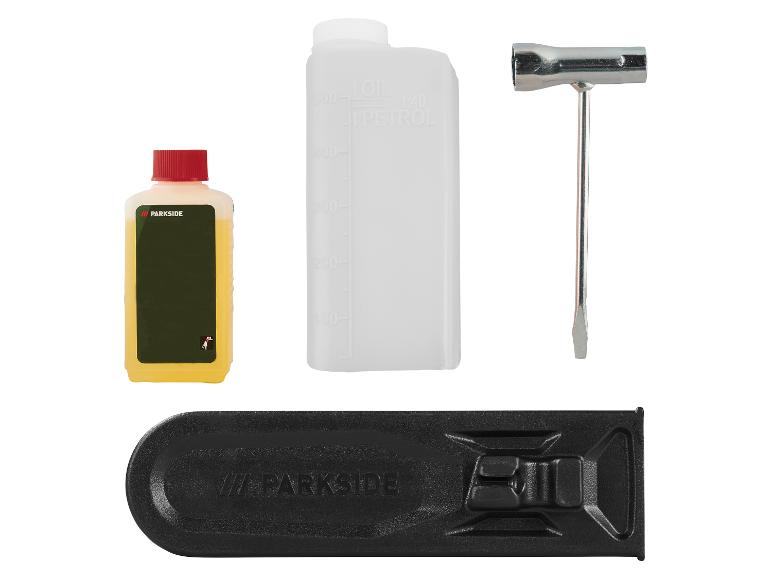 Kit d'accessoires PARKSIDE : bouteille d'huile, bouteille de mesure, clé et protège-guide.