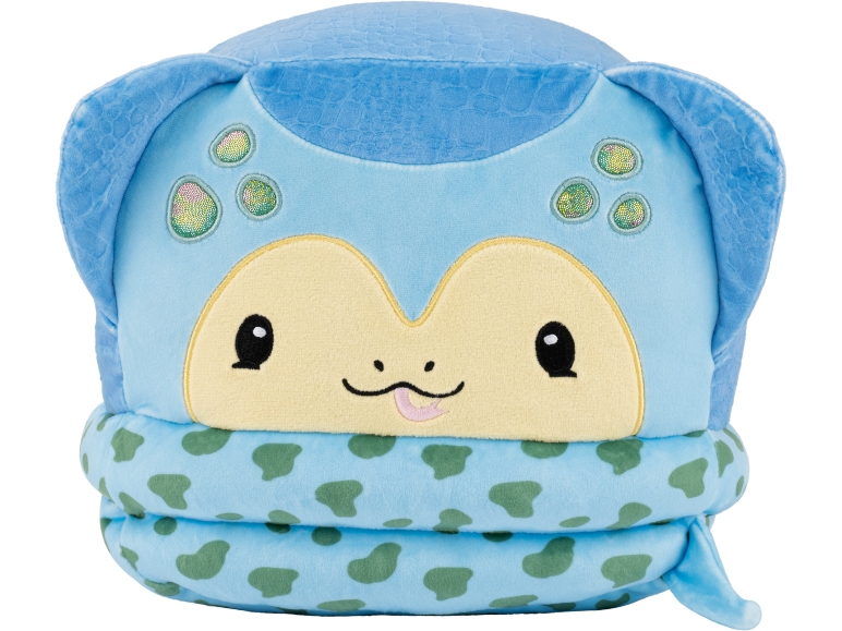 Peluche serpent bleue et jaune en forme de boudin enroulé.