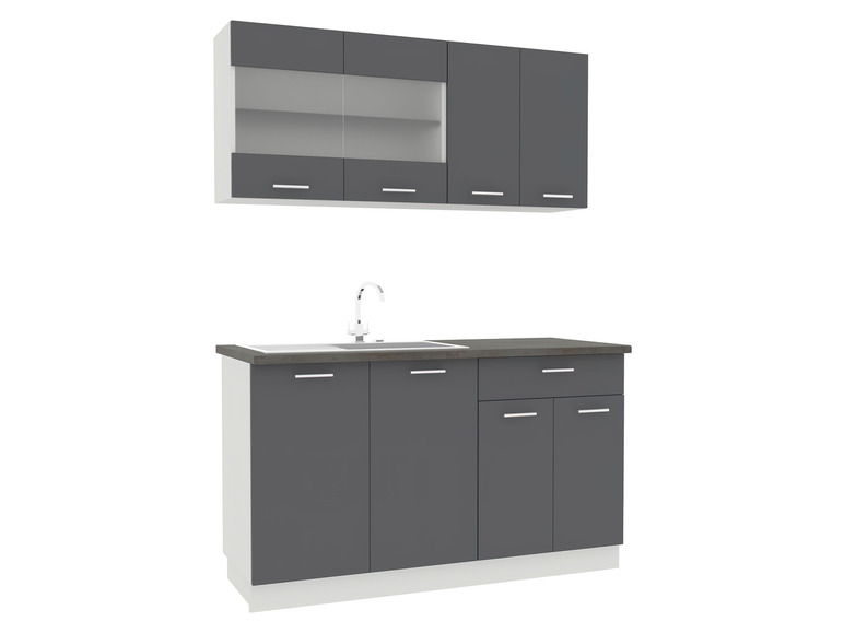 Un bloc de cuisine avec des portes grises et un évier.