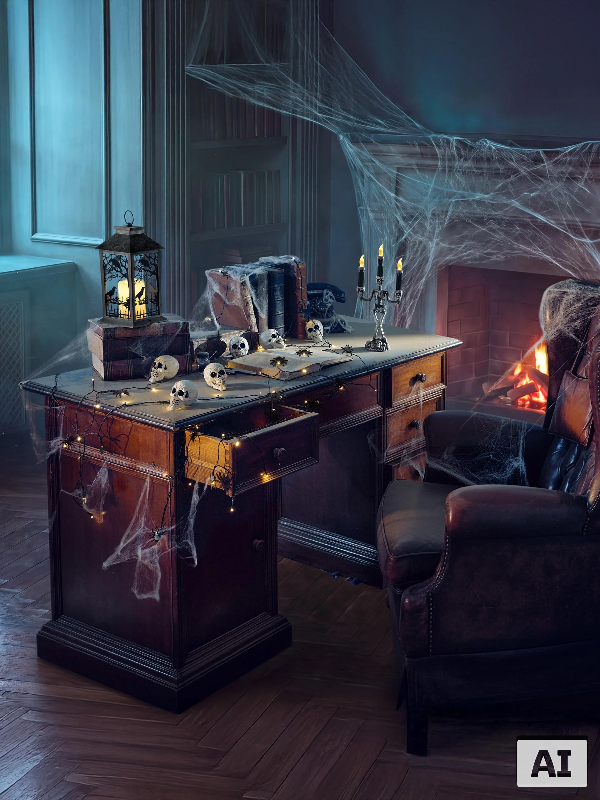 Décoration d'Halloween avec crânes, toiles d'araignée et bougies sur un bureau près de la cheminée.