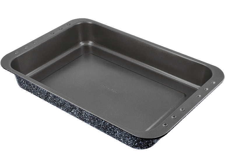 Plat de cuisson rectangulaire avec extérieur foncé moucheté et revêtement antiadhésif gris.