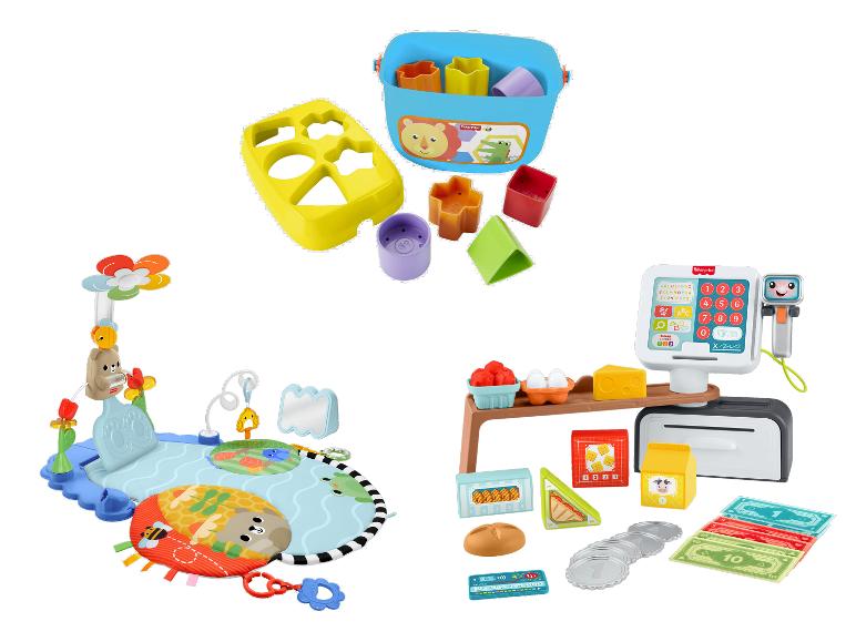 Jouets pour bébé MATTEL Fisher-Price : trieur de formes, tapis d'éveil et caisse enregistreuse.