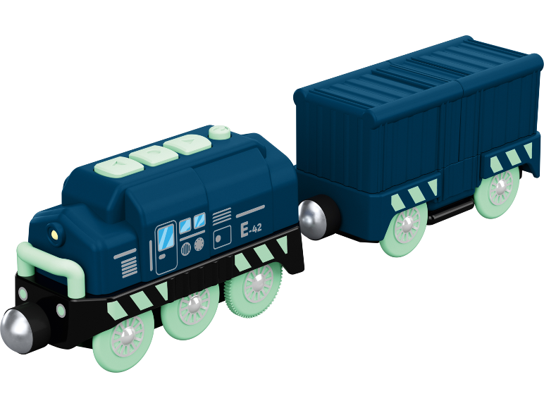 Train jouet bleu avec locomotive et wagon de marchandises, avec roues et accents vert clair.