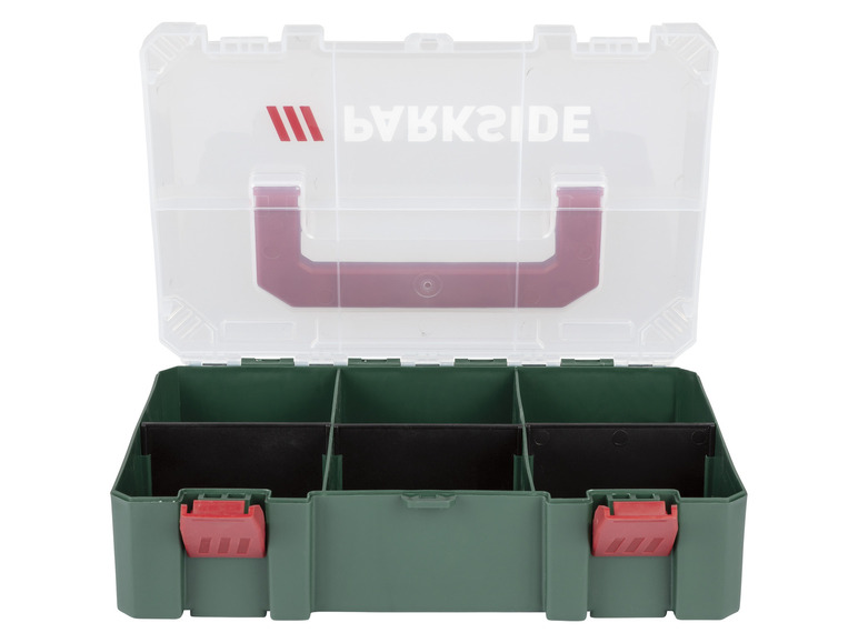 Une boîte de rangement verte avec plusieurs compartiments de la marque Bakside.