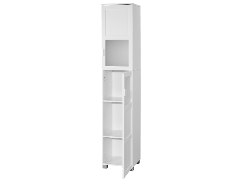 Meuble de rangement haut blanc avec une porte supérieure fermée et des étagères inférieures ouvertes.