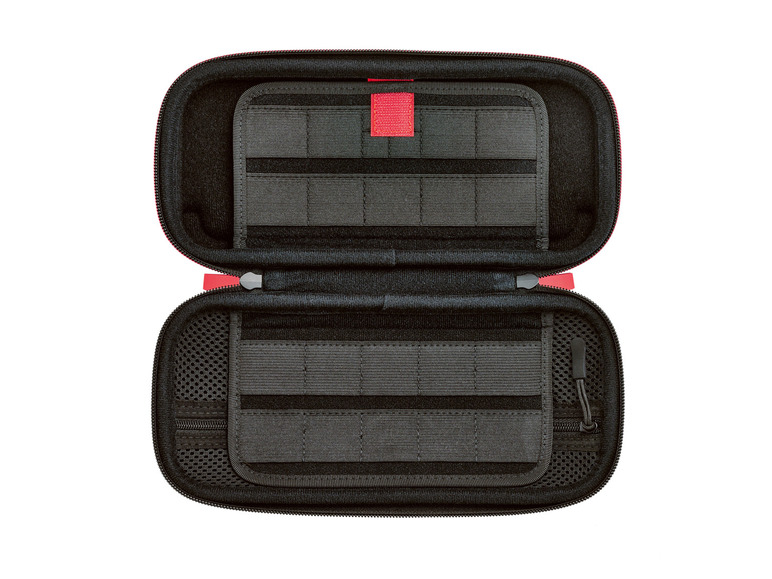 Une pochette de rangement noire ouverte avec des fermetures éclair rouges pour accessoires.