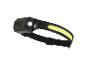 Lampe frontale noire avec bande lumineuse jaune et projecteur, sur fond blanc.