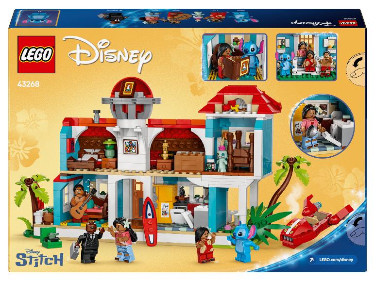 Ensemble LEGO Disney Maison de Stitch avec personnages et accessoires.