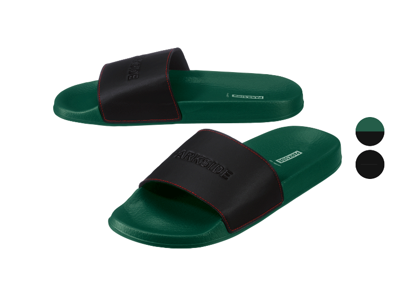 Claquettes Parkside vert foncé avec détails noirs.