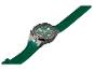 Montre verte avec une petite lampe de poche et un bracelet texturé.
