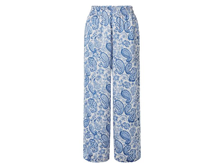 Pantalon large femme à motif cachemire bleu et taille élastique.