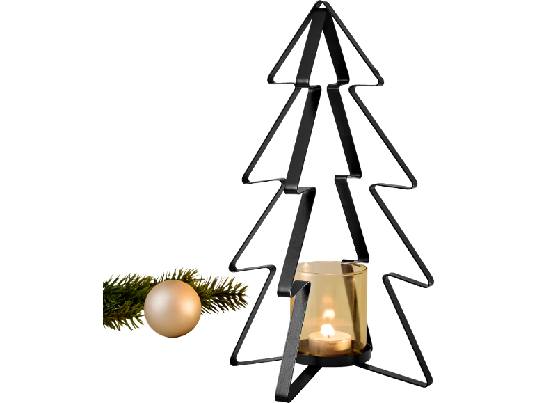 Bougeoir sapin de Noël en métal noir avec une bougie allumée et une branche décorative