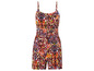 Une combinaison rouge-orange avec un motif floral coloré.