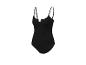 Maillot de bain noir une pièce, style minimaliste.