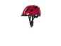 Un casque de vélo rouge avec des sangles noires.