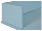 Meuble bleu pastel avec étagère intégrée.