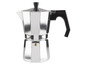 Une cafetière en aluminium avec une poignée noire.