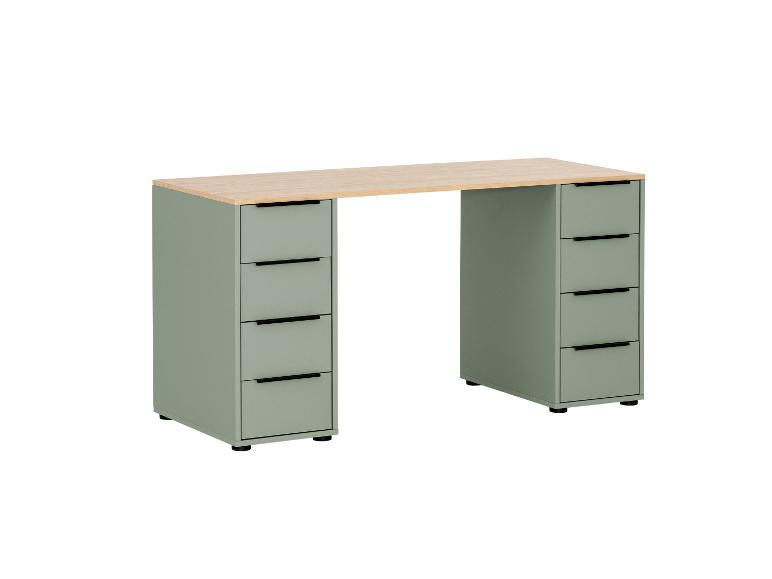 Bureau avec plateau en bois clair et deux caissons à quatre tiroirs vert sauge.