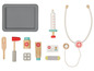 Un ensemble de jouets de docteur en bois avec un stéthoscope, une seringue et un thermomètre.