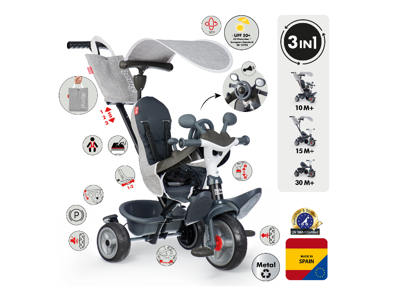 Tricycle Smoby 3-en-1 évolutif avec pare-soleil : poussette, tricycle parent et enfant.