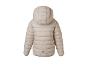 Doudoune enfant beige clair avec capuche et fleur réfléchissante au dos.