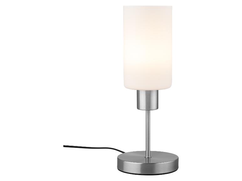 Lampe de table moderne en verre dépoli et métal brossé.