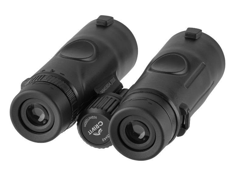 Jumelles noires avec grossissement 10x42 et champ de vision 102m/1000m.