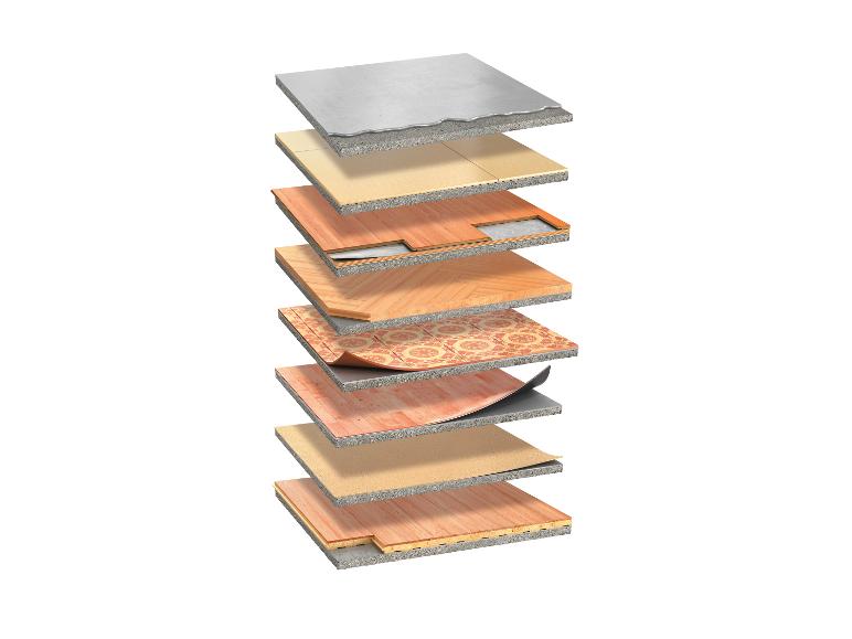 Une coupe transversale d'un plancher en bois avec différentes couches, y compris une base en béton.