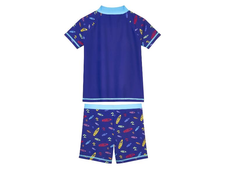 Ensemble de maillot de bain enfant : haut et short, thème surf.