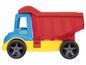 Un camion à benne basculante rouge Wader avec une cabine bleue.