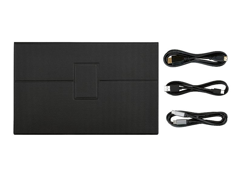 Étui noir texturé avec trois câbles enroulés : HDMI, USB-A vers USB-C et USB-C vers USB-C.