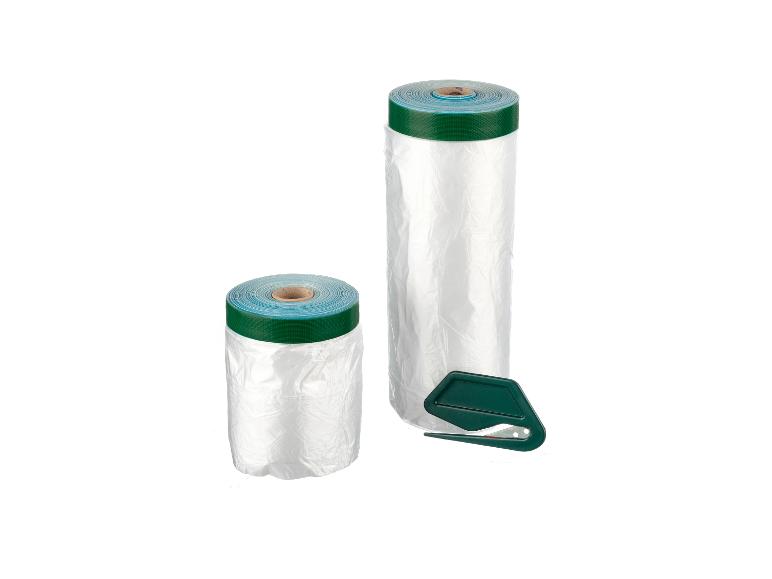 Deux rouleaux de film de masquage avec ruban adhésif et un cutter