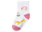 Chaussette bébé blanche avec arc-en-ciel, fleur et girafe, talon et pointe roses.