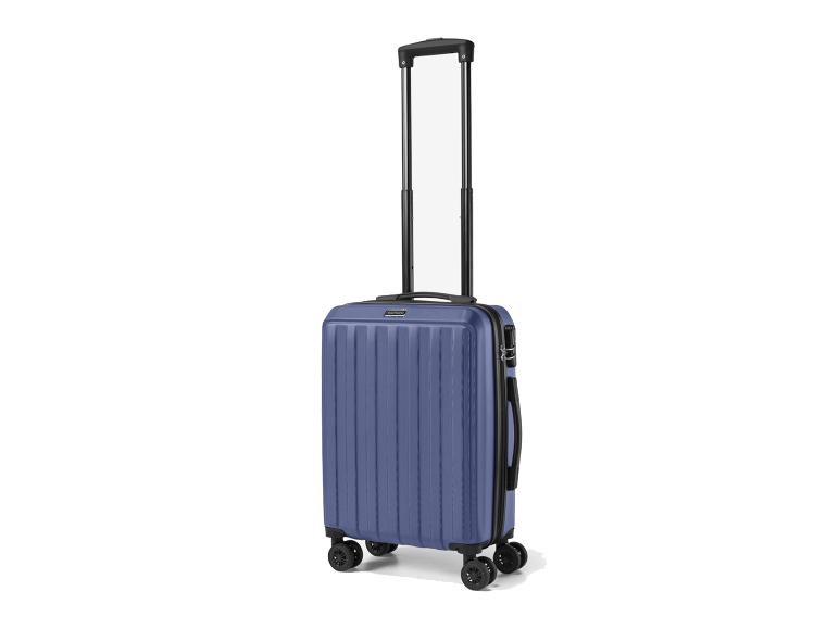 Valise cabine rigide bleue avec poignée télescopique étendue et quatre roues pivotantes