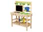 Cuisine en bois pour enfants avec évier, cuisinière et rangement.