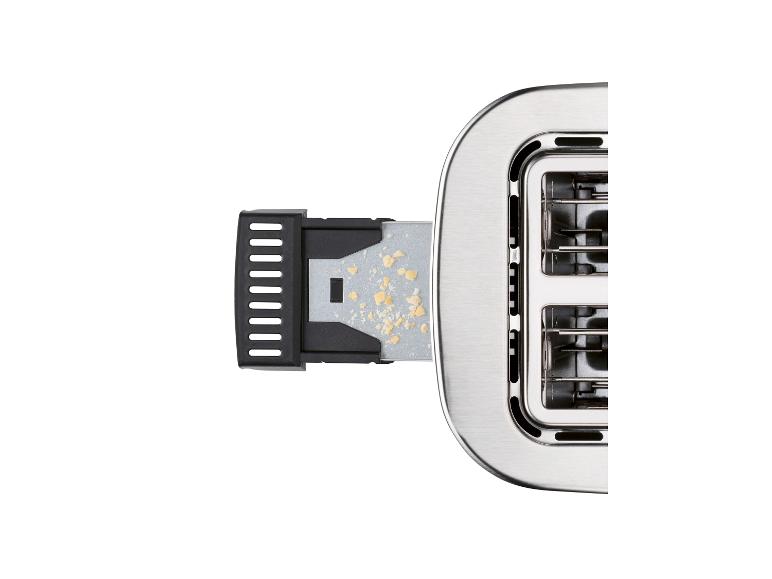 Gros plan sur un grille-pain avec un bac à miettes amovible.