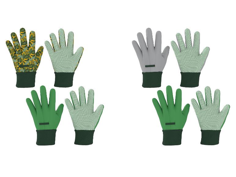 Gants de jardinage en trois couleurs: verts, gris et avec un motif de feuilles.