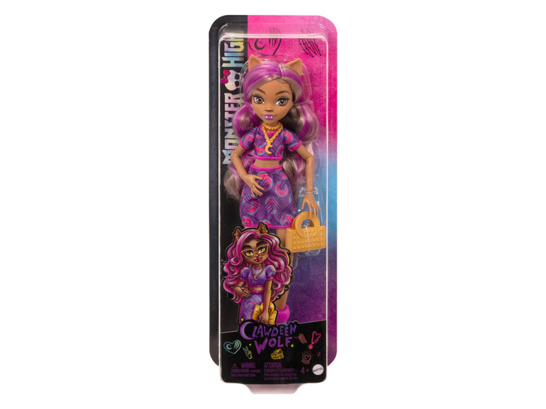 Poupée Monster High Clawdeen Wolf avec une tenue violette.