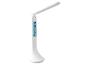 Lampe de bureau LED blanche avec horloge et thermomètre intégrés.