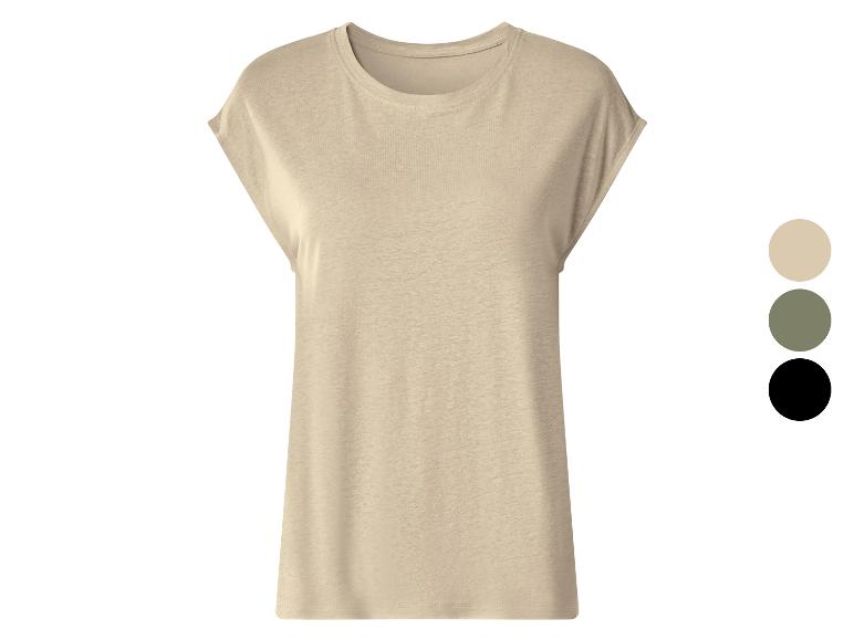 T-shirt beige pour femme à manches courtes et col rond, avec des échantillons de couleurs.