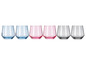 Six verres en bleu, rose et gris.
