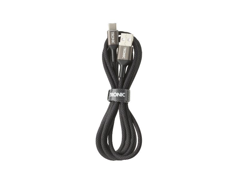 Câble de charge USB-C tressé noir avec connecteur USB-A et attache velcro.