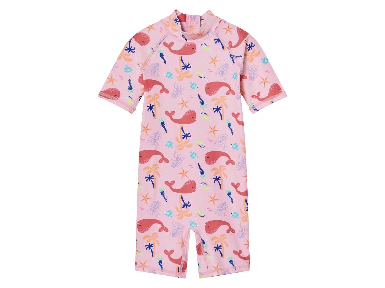 Combinaison de bain enfant, motif baleines et coraux rose.