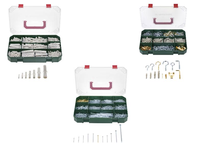 Ensembles de chevilles, crochets et clous dans des organiseurs, avec détails des pièces.