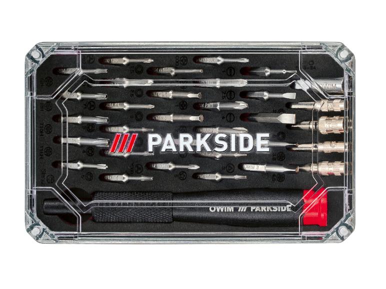Un ensemble de tournevis de précision Parkside avec divers embouts et une poignée dans un étui transparent.