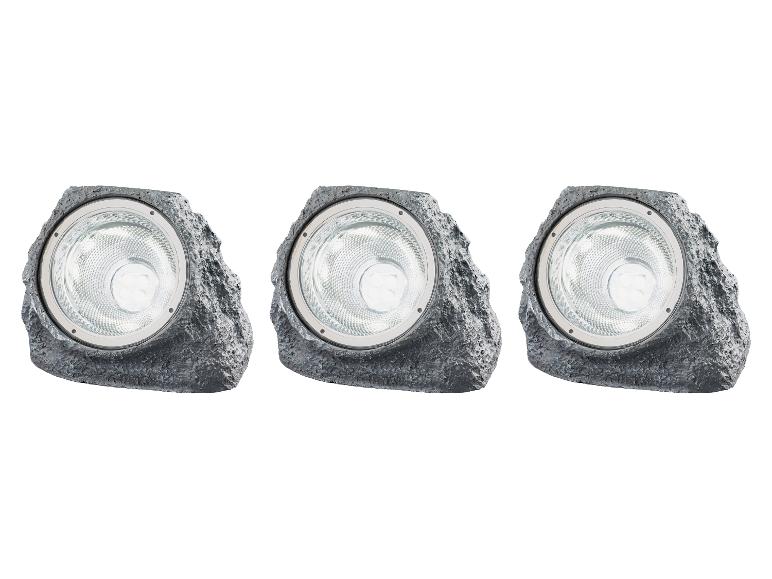 Trois lampes solaires extérieures design roche grise.