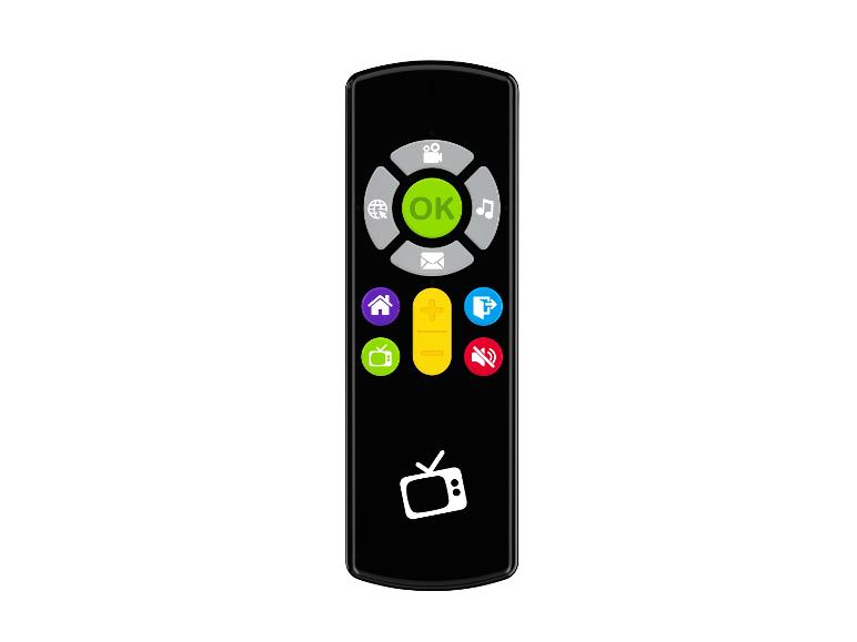 Une télécommande noire avec des boutons pour la TV, le volume et la navigation.
